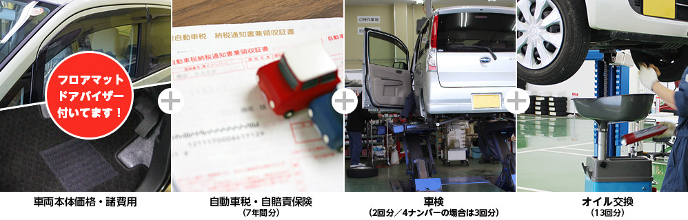 車両本体価格・諸費用、7年間分の自動車税・自賠責保険、車検、オイル交換にフロアマット・ドアバイザーも付いてます！